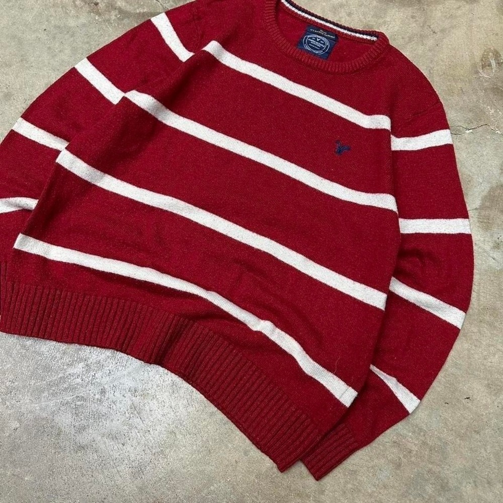 American eagle Red and white striped crewneck knit sweater 2000s y2k mens XL - Picture 2 of 7